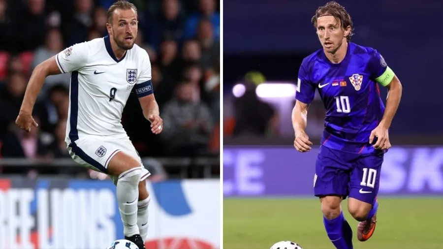 Montagem de fotos de Kane e Modric, astros de Inglaterra e Croácia Imagem: ADRIAN DENNIS / AFP
