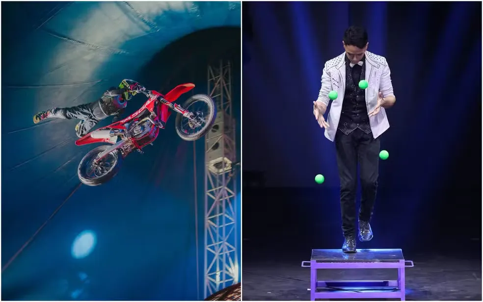 Motociclista fazendo manobra e mágico de circo — Foto: Divulgação/ Real Circo